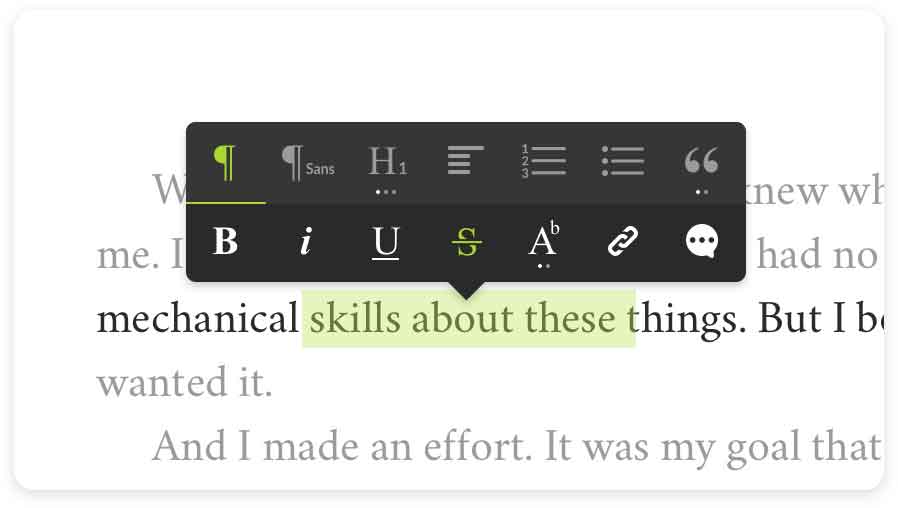 The Reedsy Book Editor writing interface, with a simple style guide toolbar